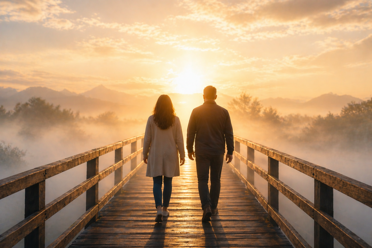 Two people walking across a wooden bridge at sunrise