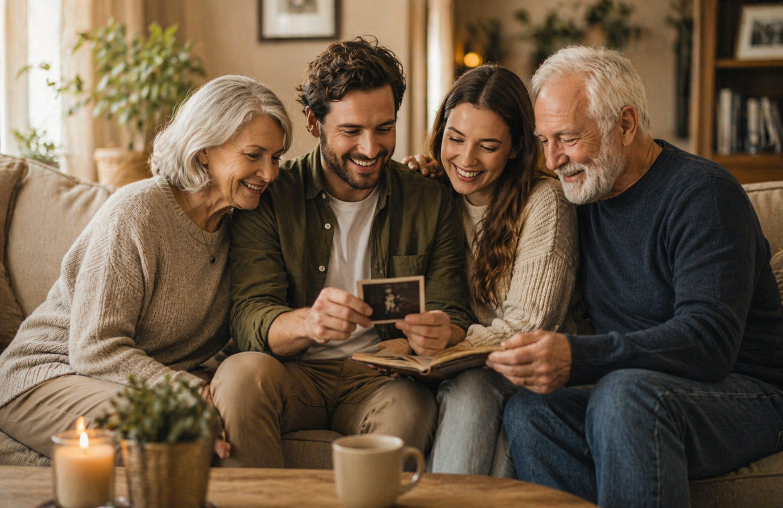 Family members gathered on a couch, smiling as they look through old photographs and a memory book together